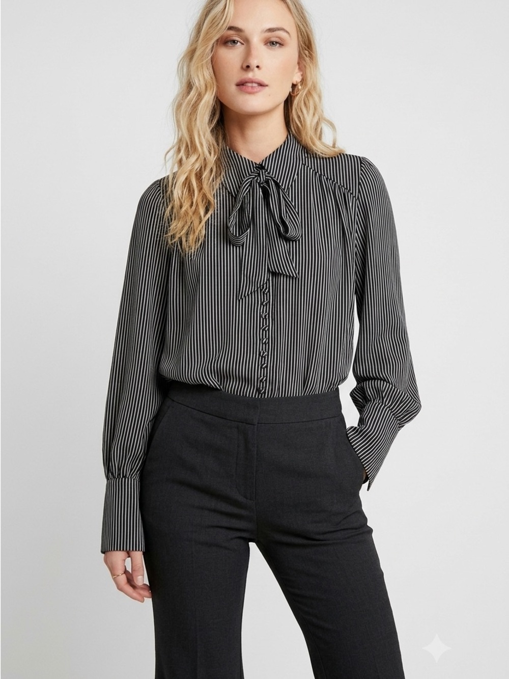 Free People Black and White Vertical Stripe Tie-Neck Blouse